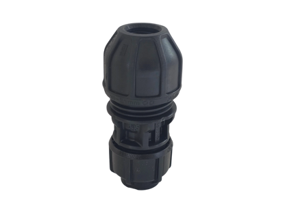 A black plastic hose connector fitting with a ribbed, threaded design, shown on a plain white background.