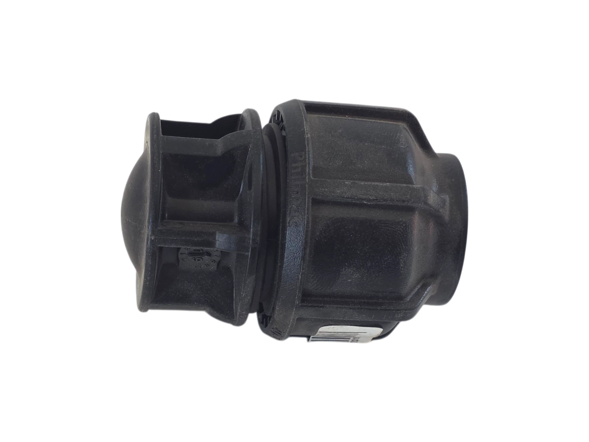 A black plastic automotive part, likely a bumper absorber or shock absorber mount, shown from a side profile view on a solid white background.