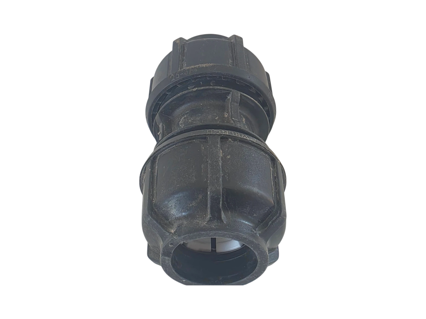 A black plastic connector fitting with a threaded design, shown against a plain white background.