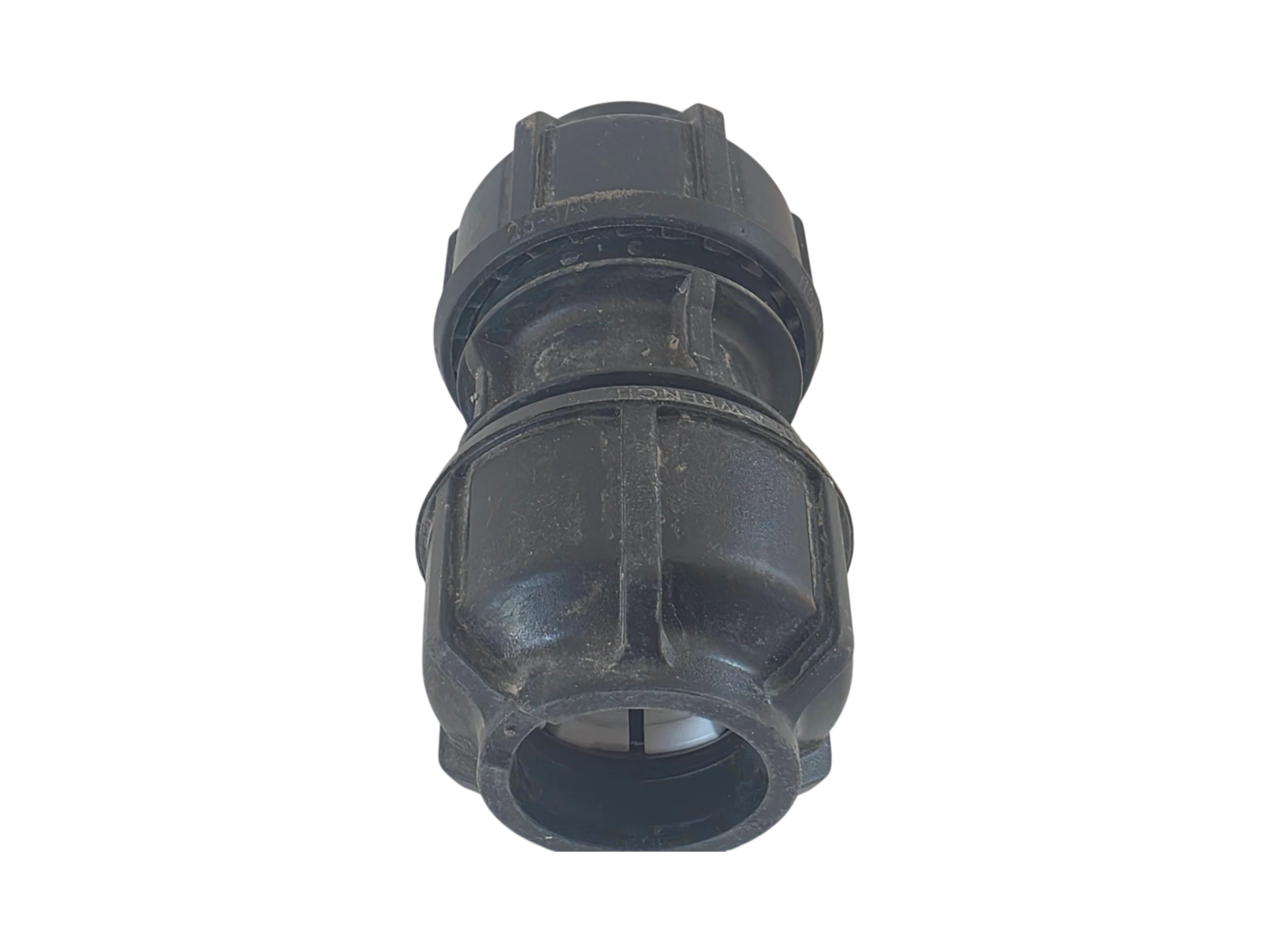A black plastic connector fitting with a threaded design, shown against a plain white background.