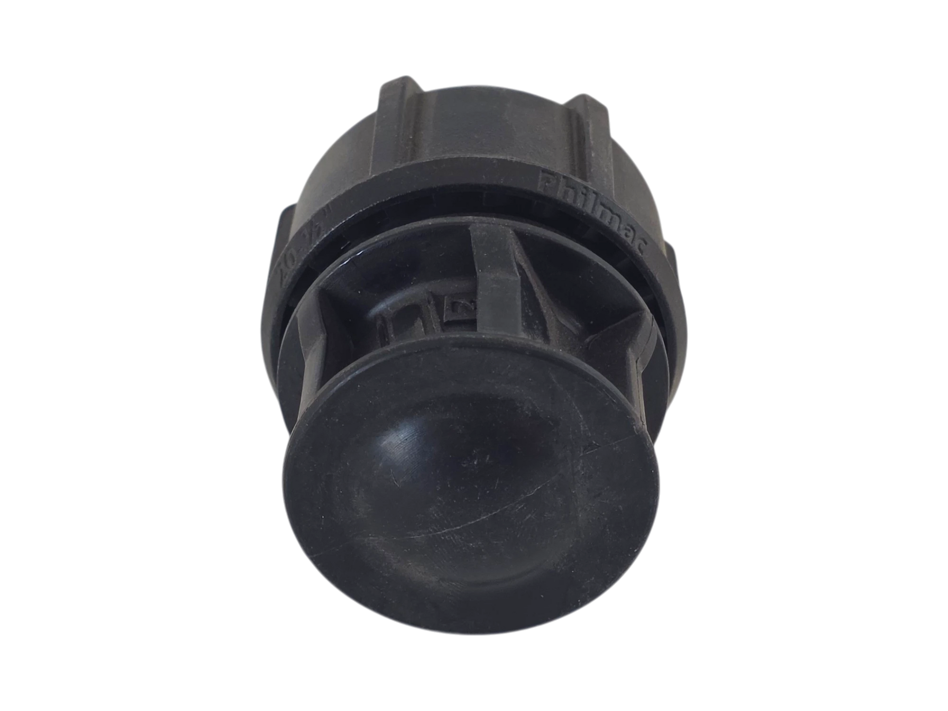 A black plastic rotary switch or toggle component with a ribbed cylindrical body and a round front face, photographed on a plain white background.