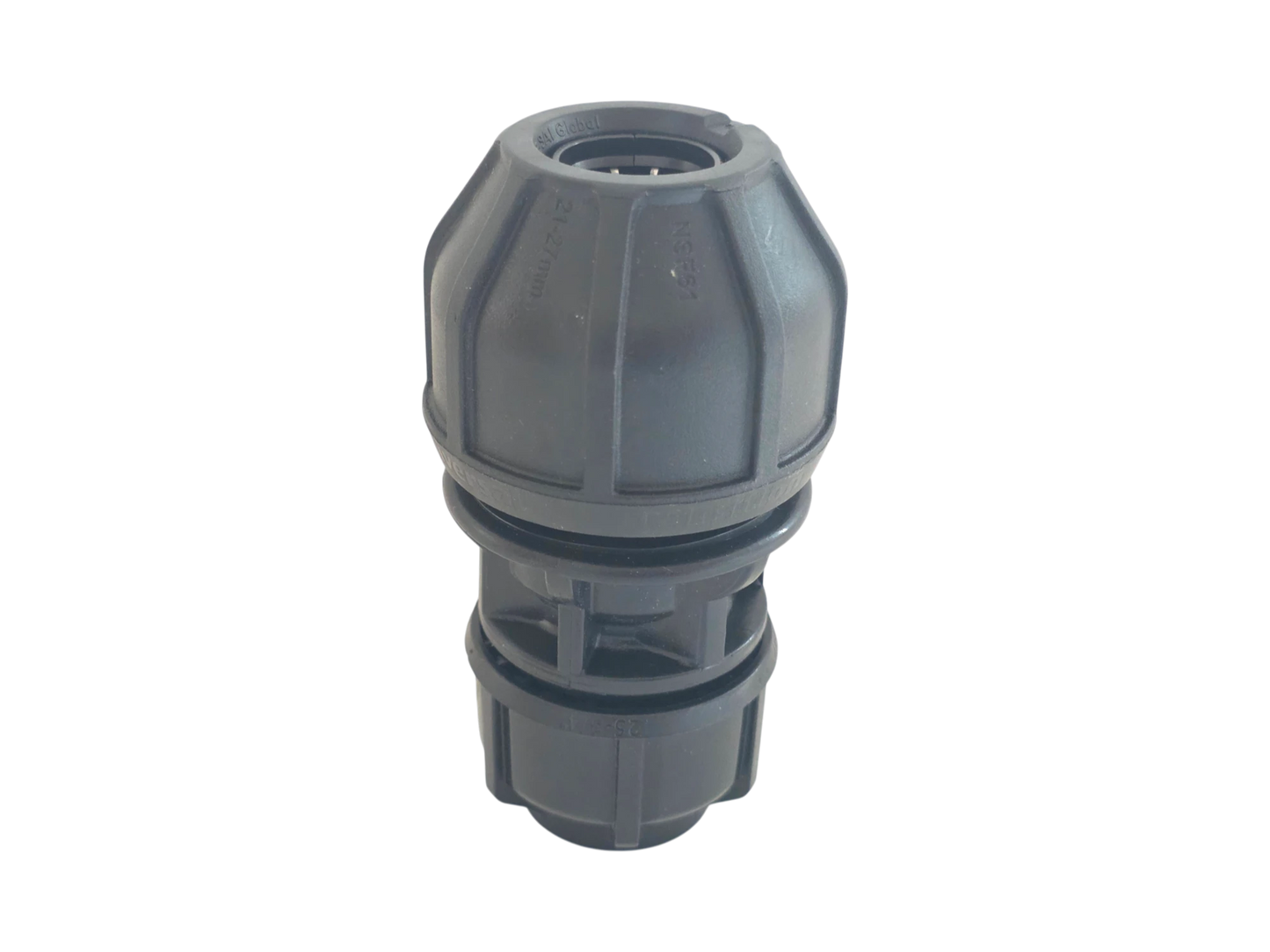 A dark gray plastic garden hose connector fitting, shown from a top-down perspective on a solid white background.