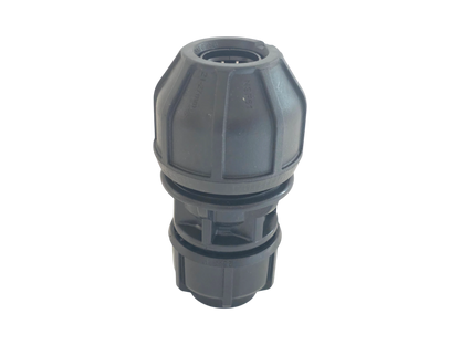 A dark gray plastic garden hose connector fitting, shown from a top-down perspective on a solid white background.