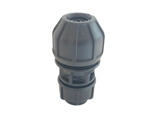 A dark gray plastic garden hose connector fitting, shown from a top-down perspective on a solid white background.
