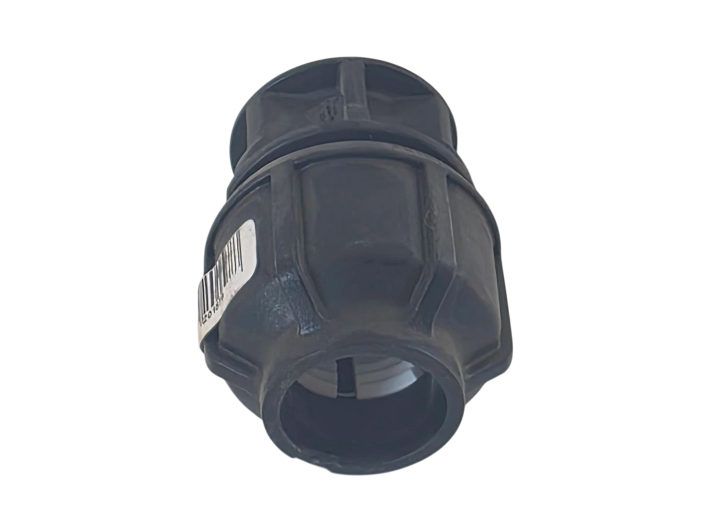 A black plastic male adapter connector with a white barcode label on the side, shown against a plain white background.