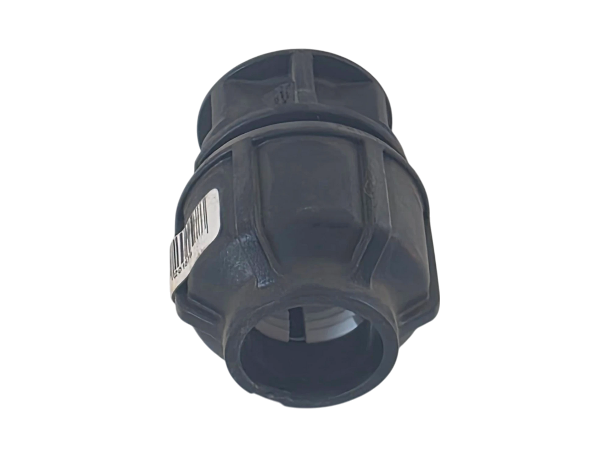 A black plastic male adapter connector with a white barcode label on the side, shown against a plain white background.