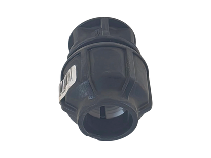 A black plastic male adapter connector with a white barcode label on the side, shown against a plain white background.