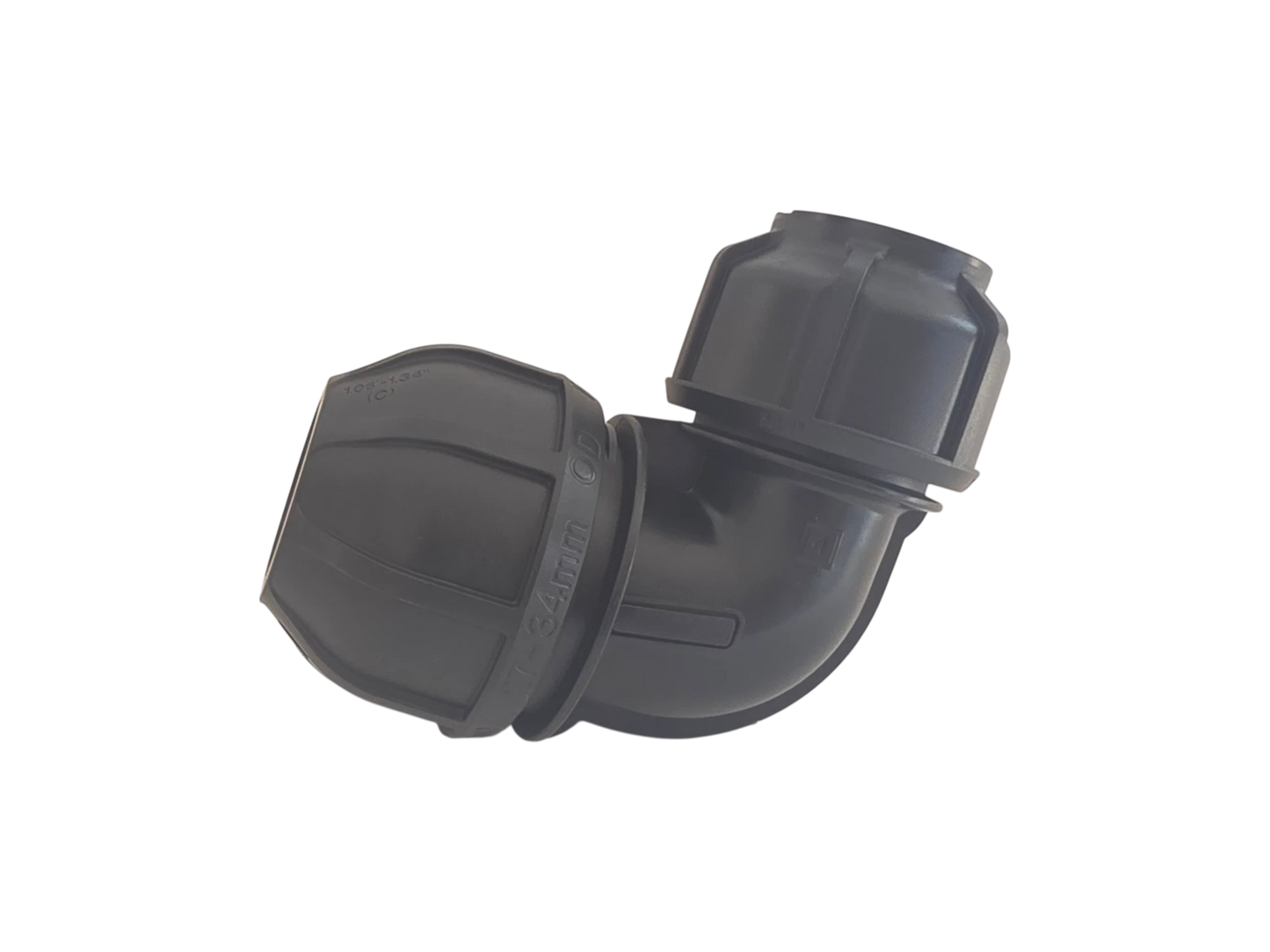 A black plastic 90-degree elbow pipe connector with threaded couplings on both ends, shown on a plain white background.