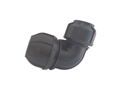 A black plastic 90-degree elbow pipe connector with threaded couplings on both ends, shown on a plain white background.