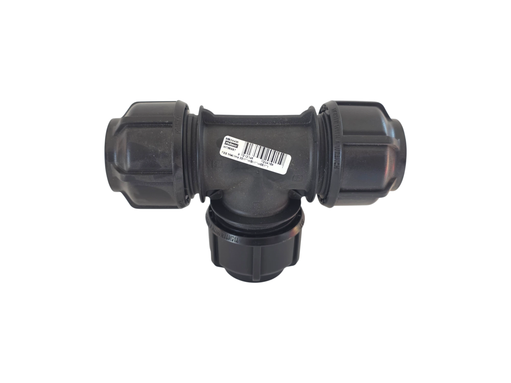 A black plastic T-shaped pipe fitting with a white barcode label on the side, isolated on a white background.