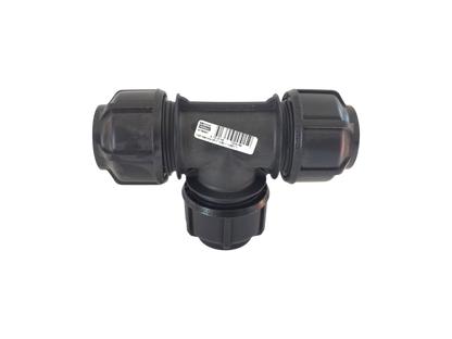 A black plastic T-shaped pipe fitting with a white barcode label on the side, isolated on a white background.