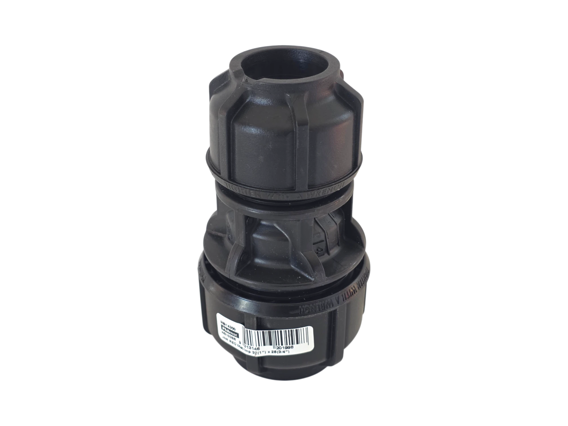 A black plastic plumbing fitting or connector with a barcode label on the lower section, shown against a plain white background.