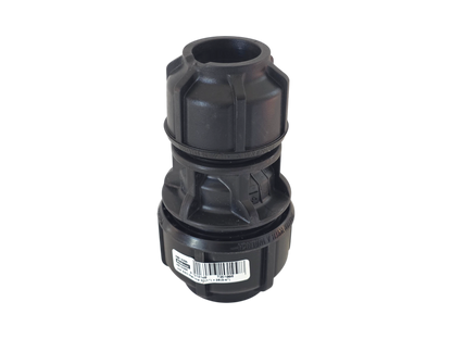 A black plastic plumbing fitting or connector with a barcode label on the lower section, shown against a plain white background.