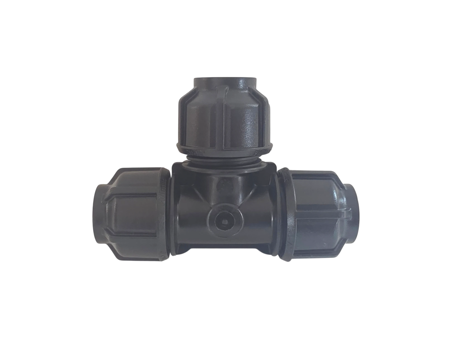 A black plastic T-shaped connector fitting with three threaded ends, isolated on a solid white background.