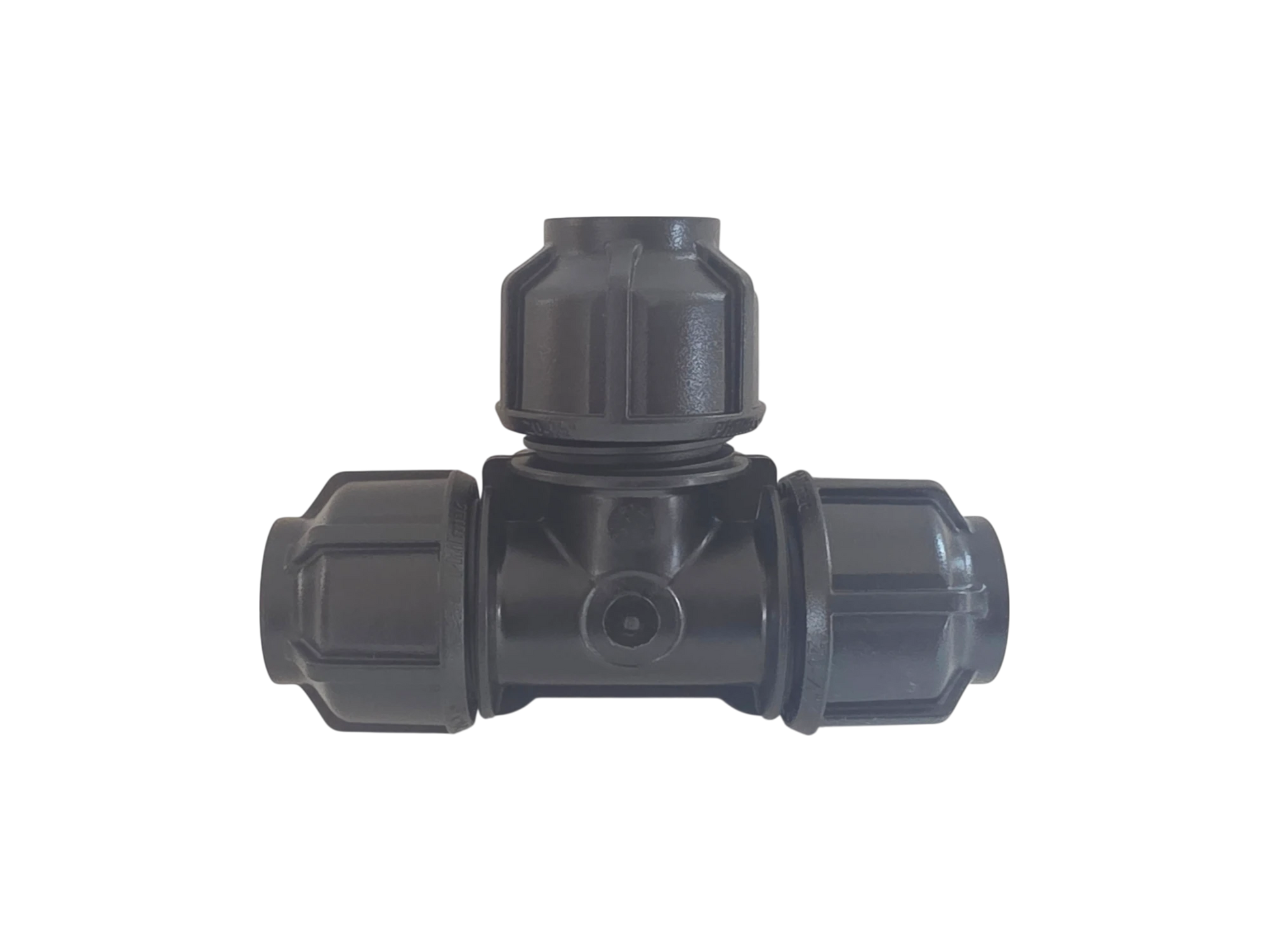 A black plastic T-shaped connector fitting with three threaded ends, isolated on a solid white background.