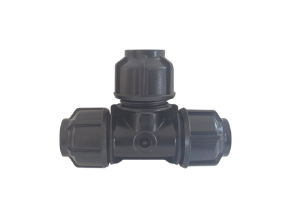 A black plastic T-shaped connector fitting with three threaded ends, isolated on a solid white background.