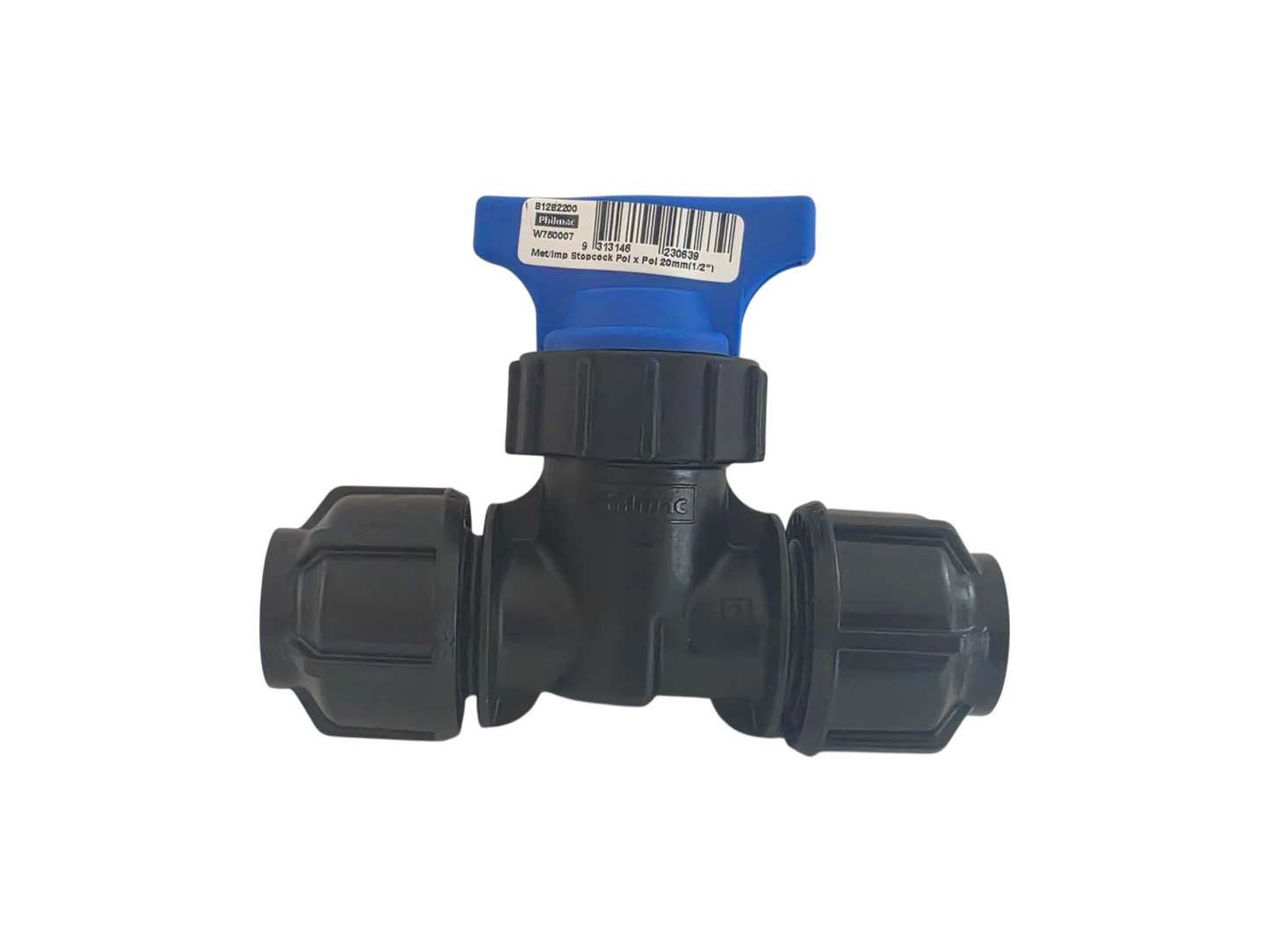 A black plastic T-shaped pipe fitting with a blue handwheel valve, shown on a plain white background.