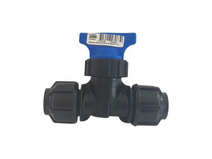 A black plastic T-shaped pipe fitting with a blue handwheel valve, shown on a plain white background.