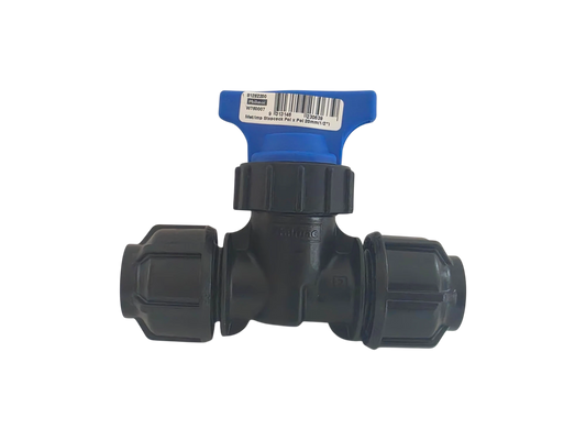 A black plastic T-shaped pipe fitting with a blue handwheel valve, shown on a plain white background.