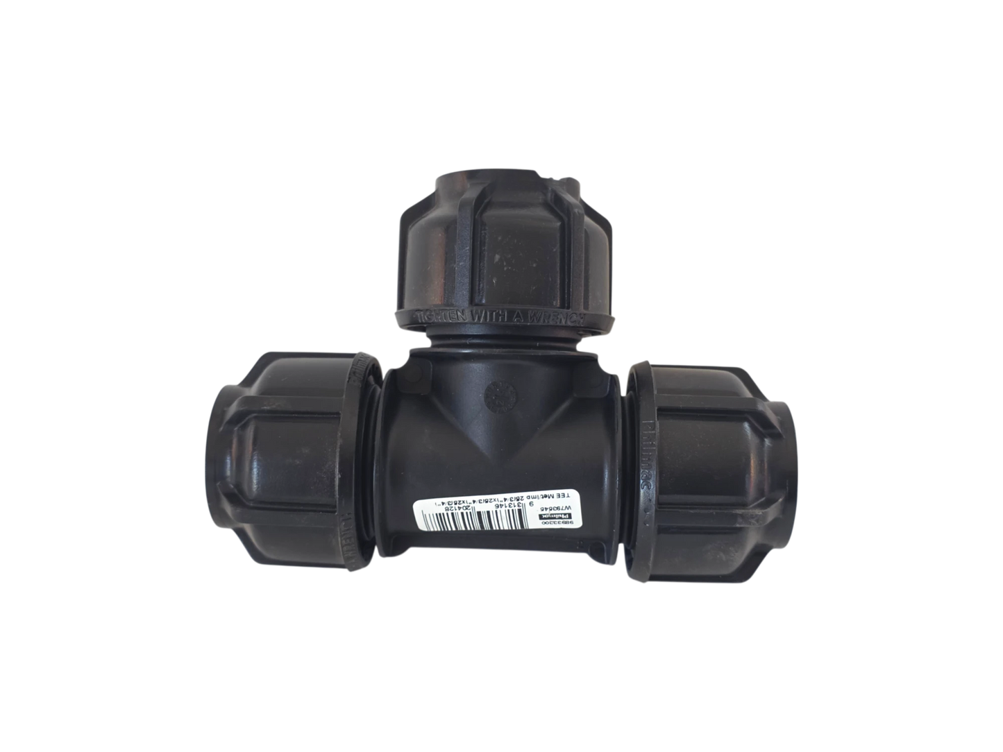 A black plastic T-shaped pipe fitting with three threaded connections, shown on a plain white background. A white barcode label is visible on the center body.