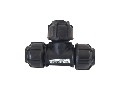 A black plastic T-shaped pipe fitting with three threaded connections, shown on a plain white background. A white barcode label is visible on the center body.