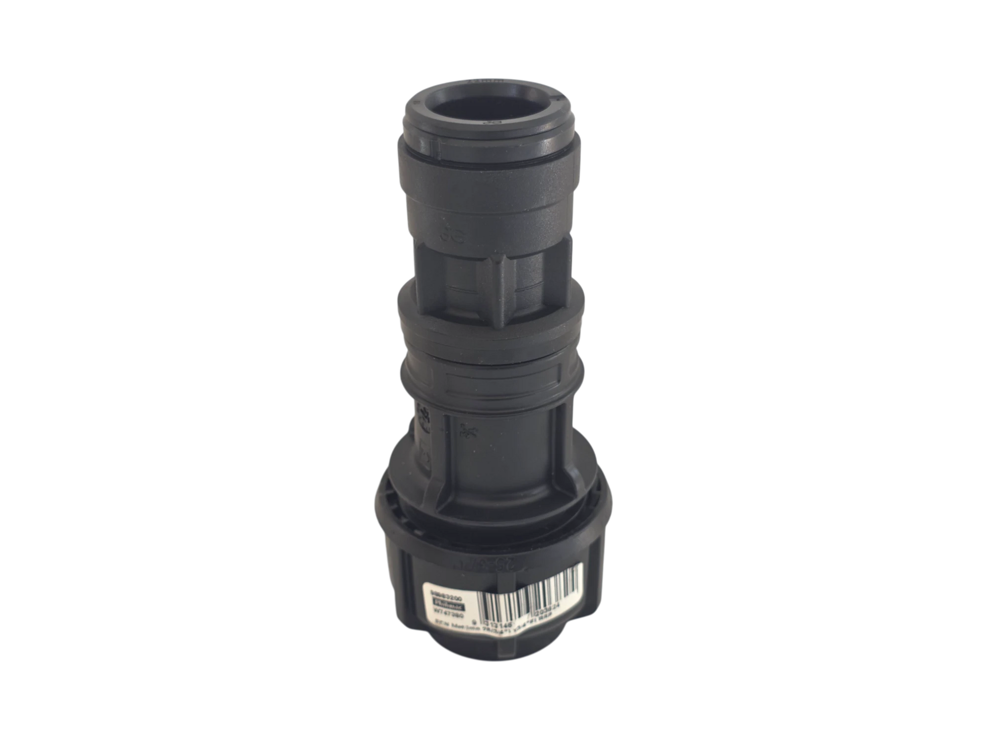 A black plastic hose connector fitting with a barcode label on the base, shown against a plain white background.