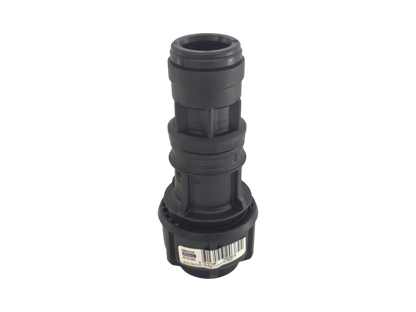 A black plastic hose connector fitting with a barcode label on the base, shown against a plain white background.