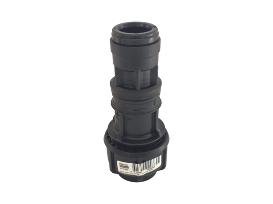 A black plastic hose connector fitting with a barcode label on the base, shown against a plain white background.