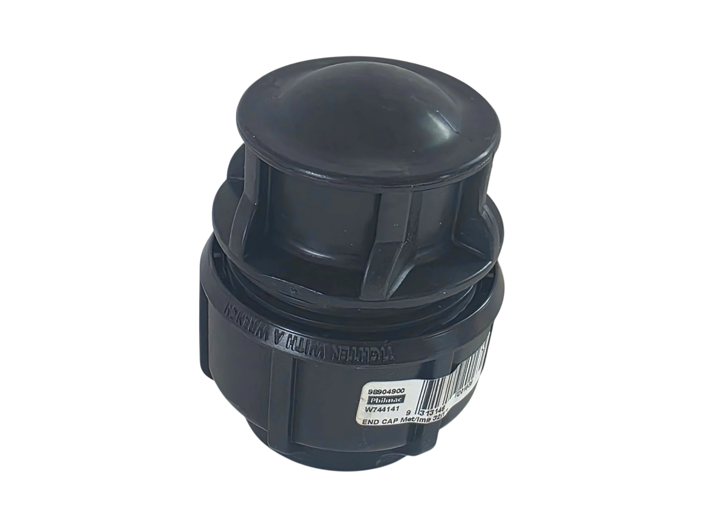 A black plastic plumbing fitting, specifically a compression coupling with a threaded male end and a ribbed female body, shown on a white background.