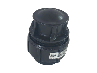 A black plastic plumbing fitting, specifically a compression coupling with a threaded male end and a ribbed female body, shown on a white background.