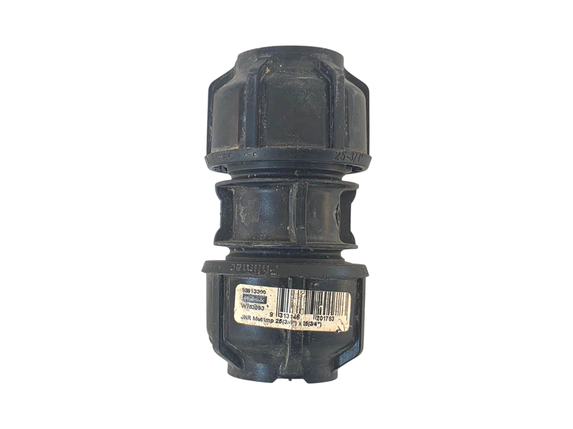 A black plastic marine plumbing fitting, specifically a swivel connector with a barcode label on the front, isolated on a white background.