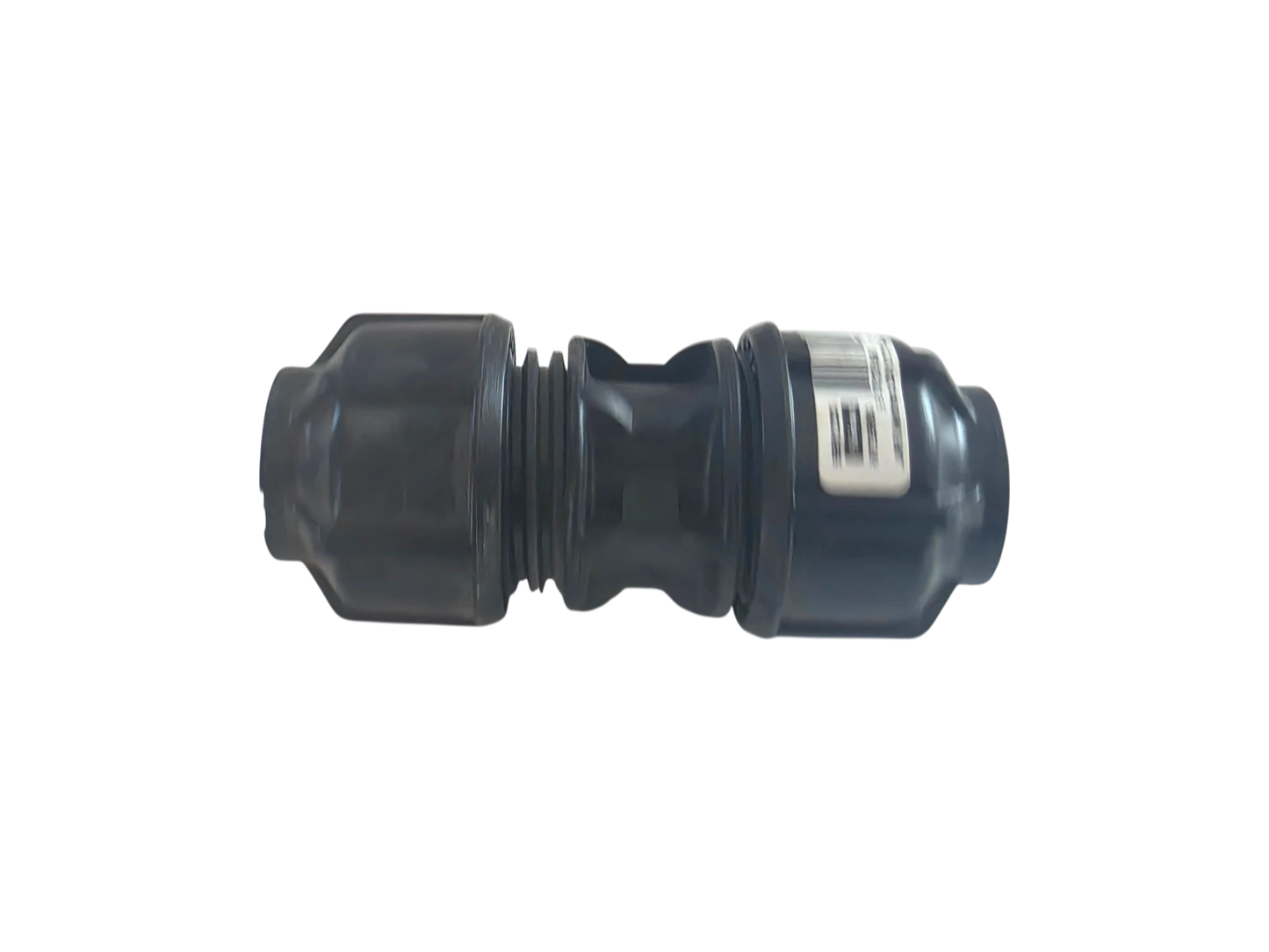 A black plastic cylindrical connector with a threaded center section and a white barcode label, isolated on a white background.
