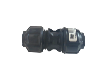 A black plastic cylindrical connector with a threaded center section and a white barcode label, isolated on a white background.