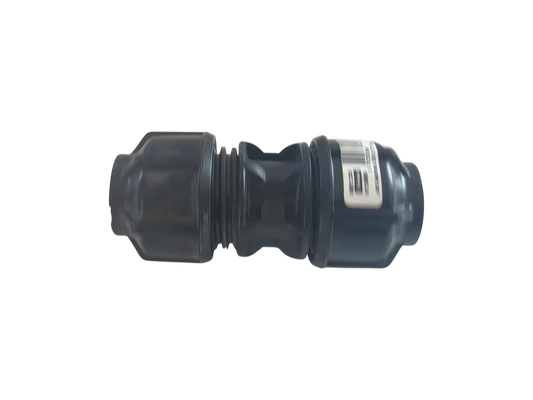 A black plastic cylindrical connector with a threaded center section and a white barcode label, isolated on a white background.