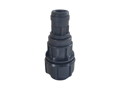 A dark gray plastic connector fitting with a threaded design, shown on a plain white background.