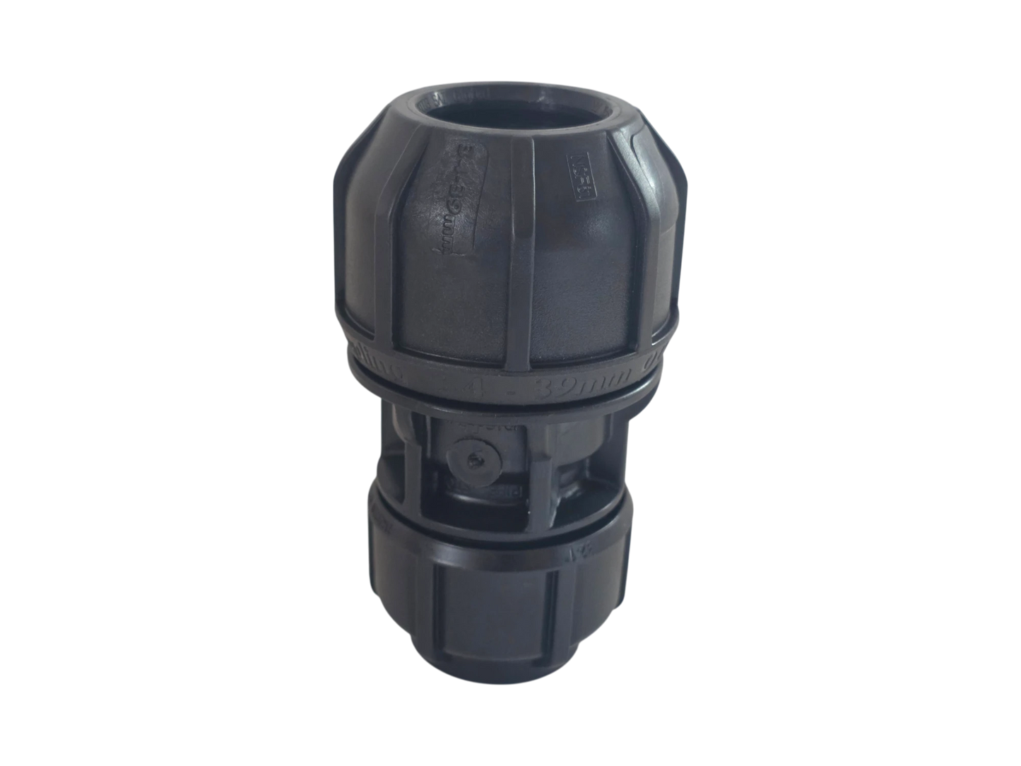 A black plastic pipe connector fitting, likely a coupler or reducer, shown on a plain white background.