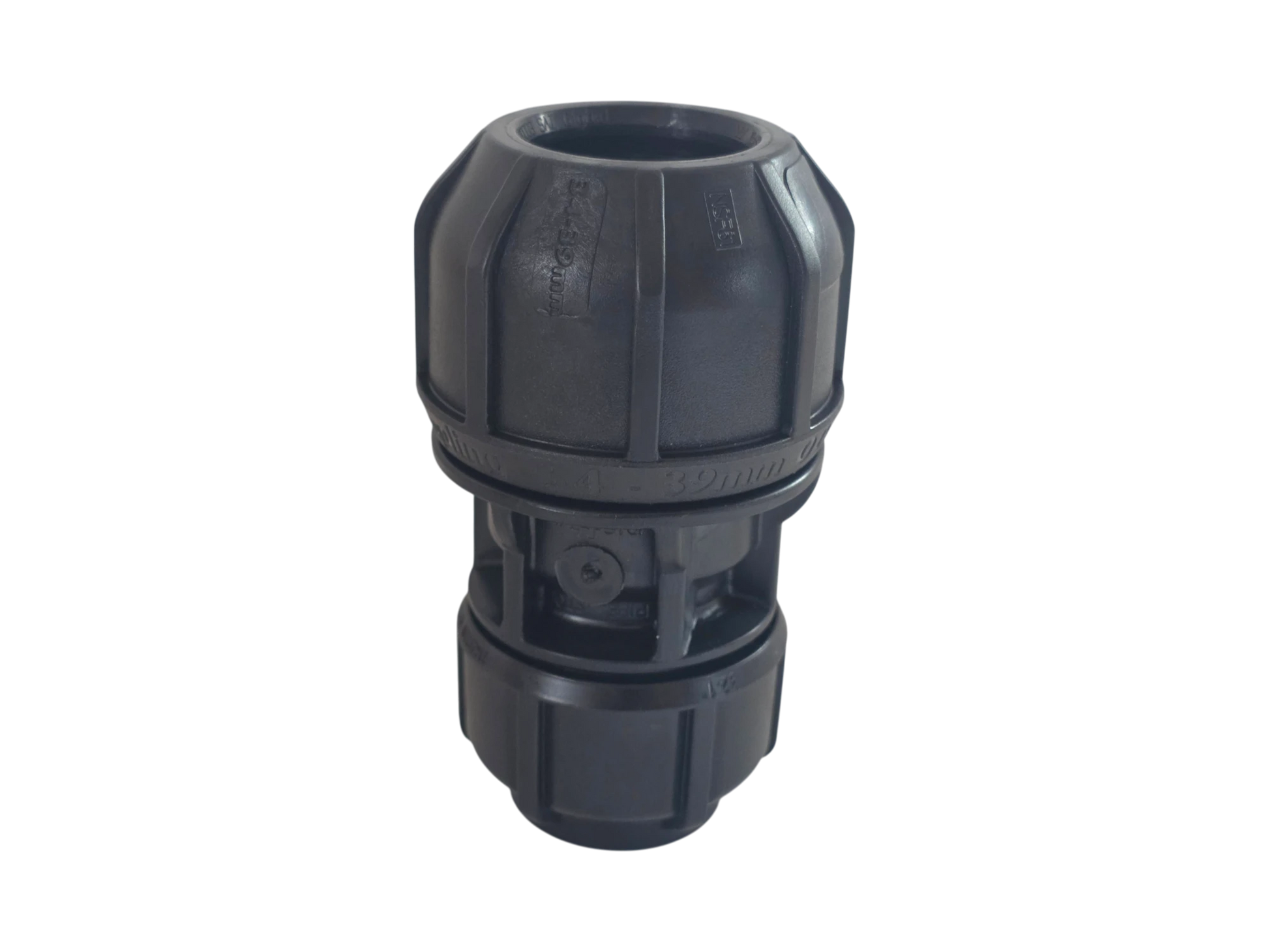 A black plastic pipe connector fitting, likely a coupler or reducer, shown on a plain white background.