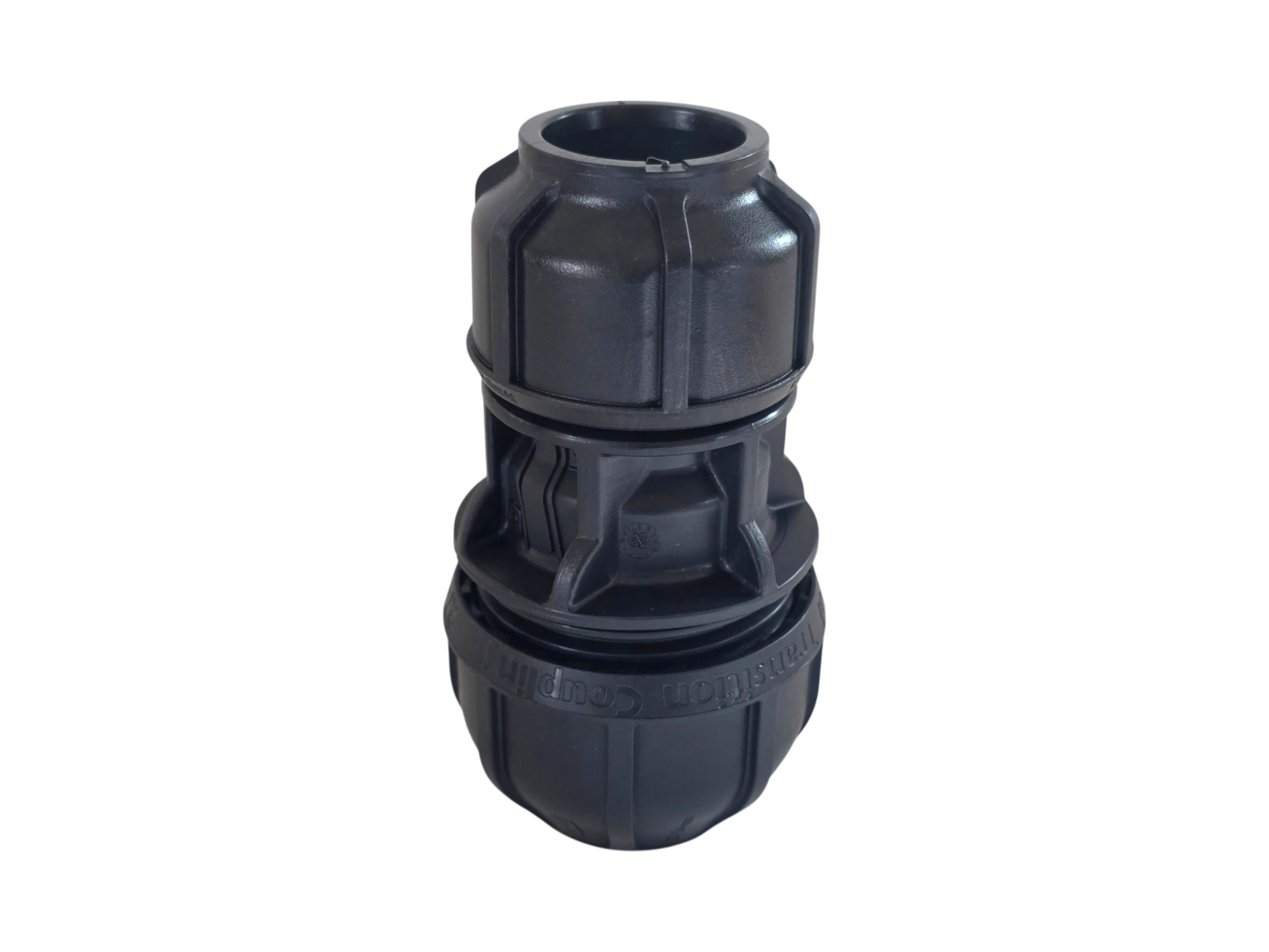 A black plastic outdoor water filter connector with a ribbed, threaded design, shown on a plain white background.