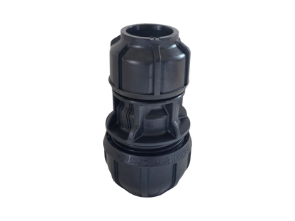 A black plastic outdoor water filter connector with a ribbed, threaded design, shown on a plain white background.