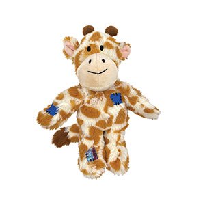 Plush giraffe toy with a smiling face on a white background