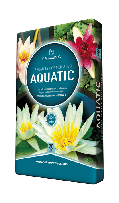Growmoor aquatic plant food packaging with water lily images on a white background