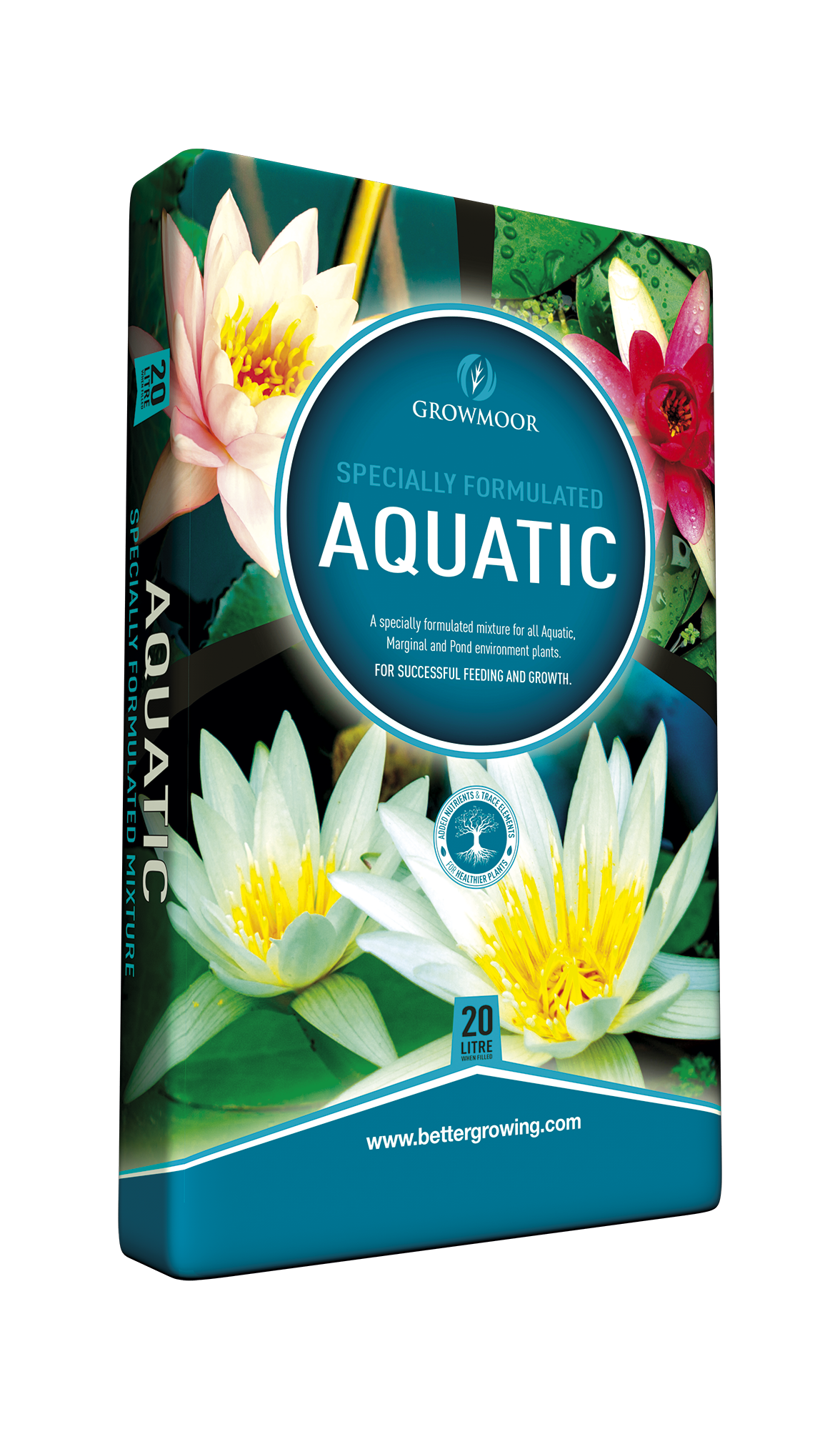 Growmoor aquatic plant packaging with images of water lilies on a white background