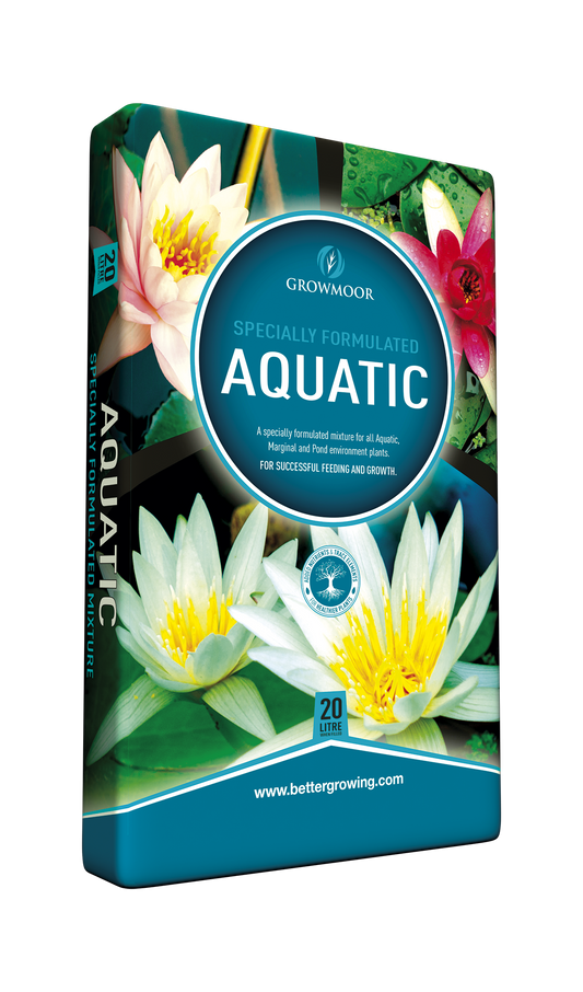 Growmoor aquatic plant packaging with images of water lilies on a white background
