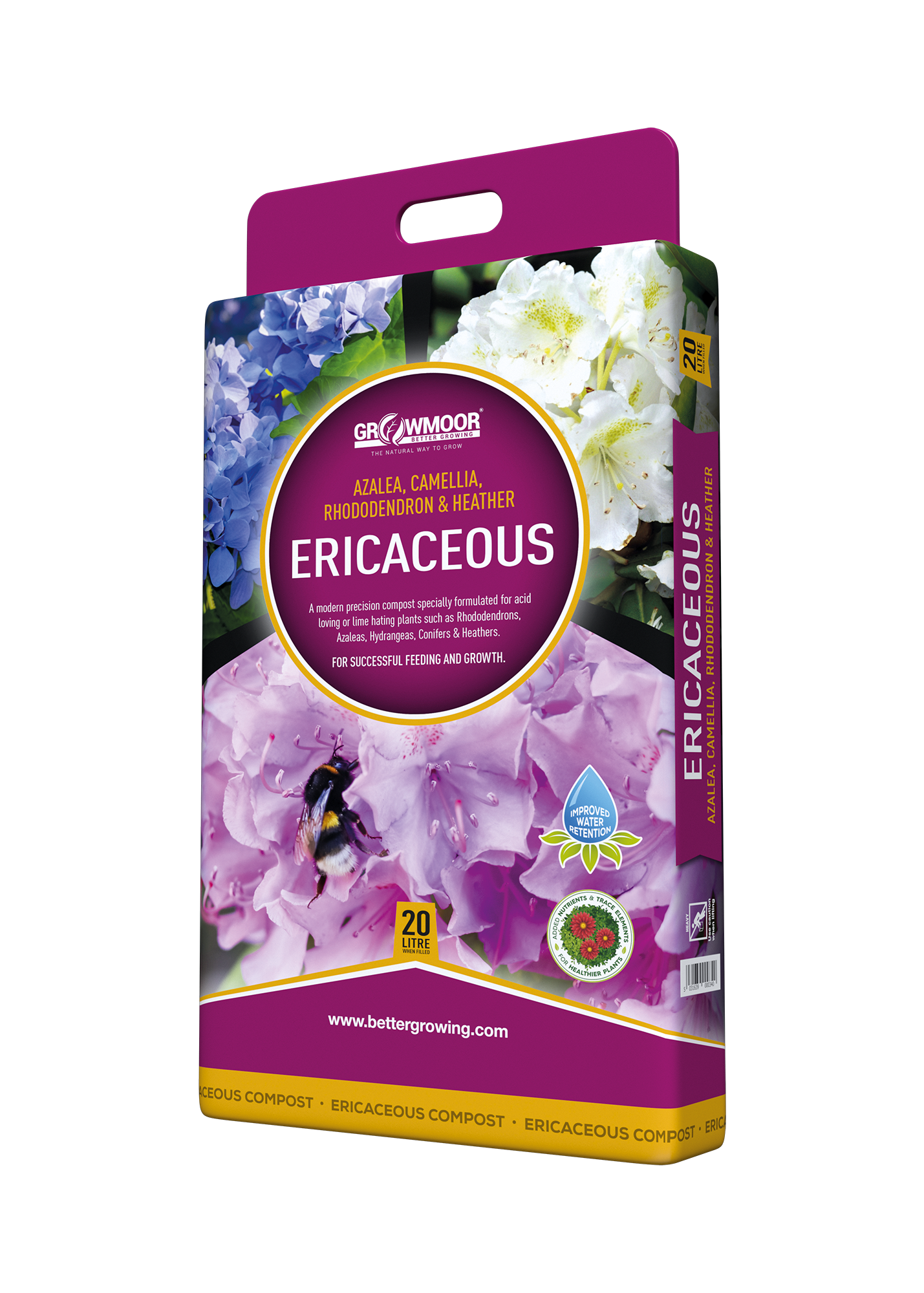 Gardening product packaging with flowers and branding on a white background
