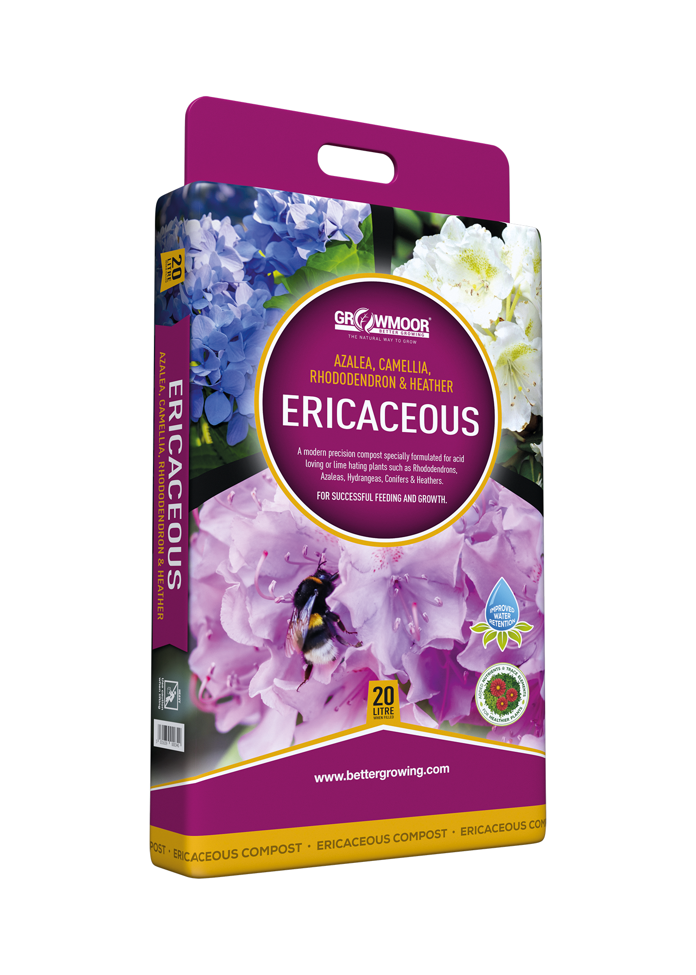 Gardening product packaging for Ericaceous plants with purple and white flowers on a white background.