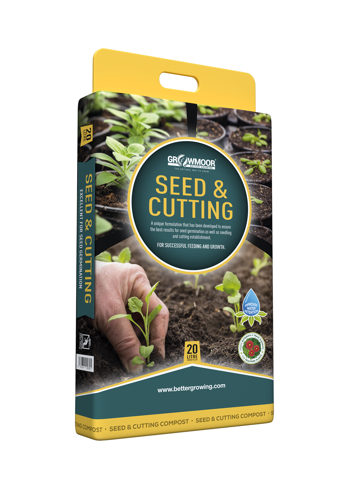 Seed and cutting packaging with a hand holding plants and soil background