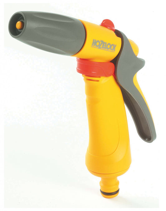 Yellow and gray garden hose nozzle with red accents on a white background