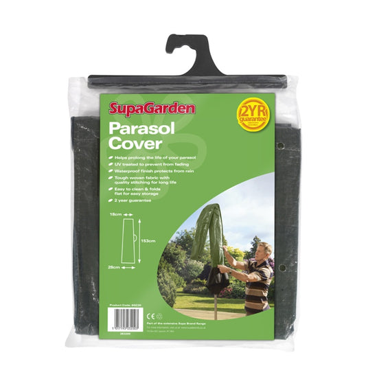 Supa Garden Parasol Cover packaging with green label and man using parasol in background