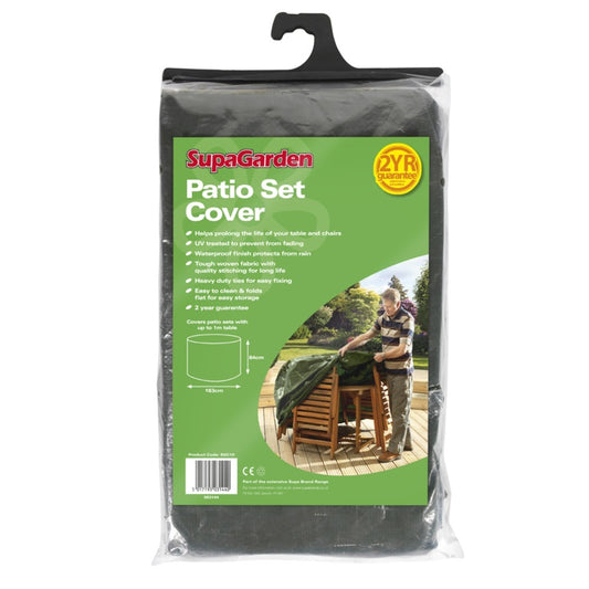 SupaGarden patio set cover packaging with a man using the cover on a patio.