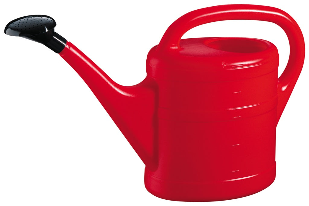 Red plastic watering can with large handle and black rose head | 10 Litre garden watering equipment UK